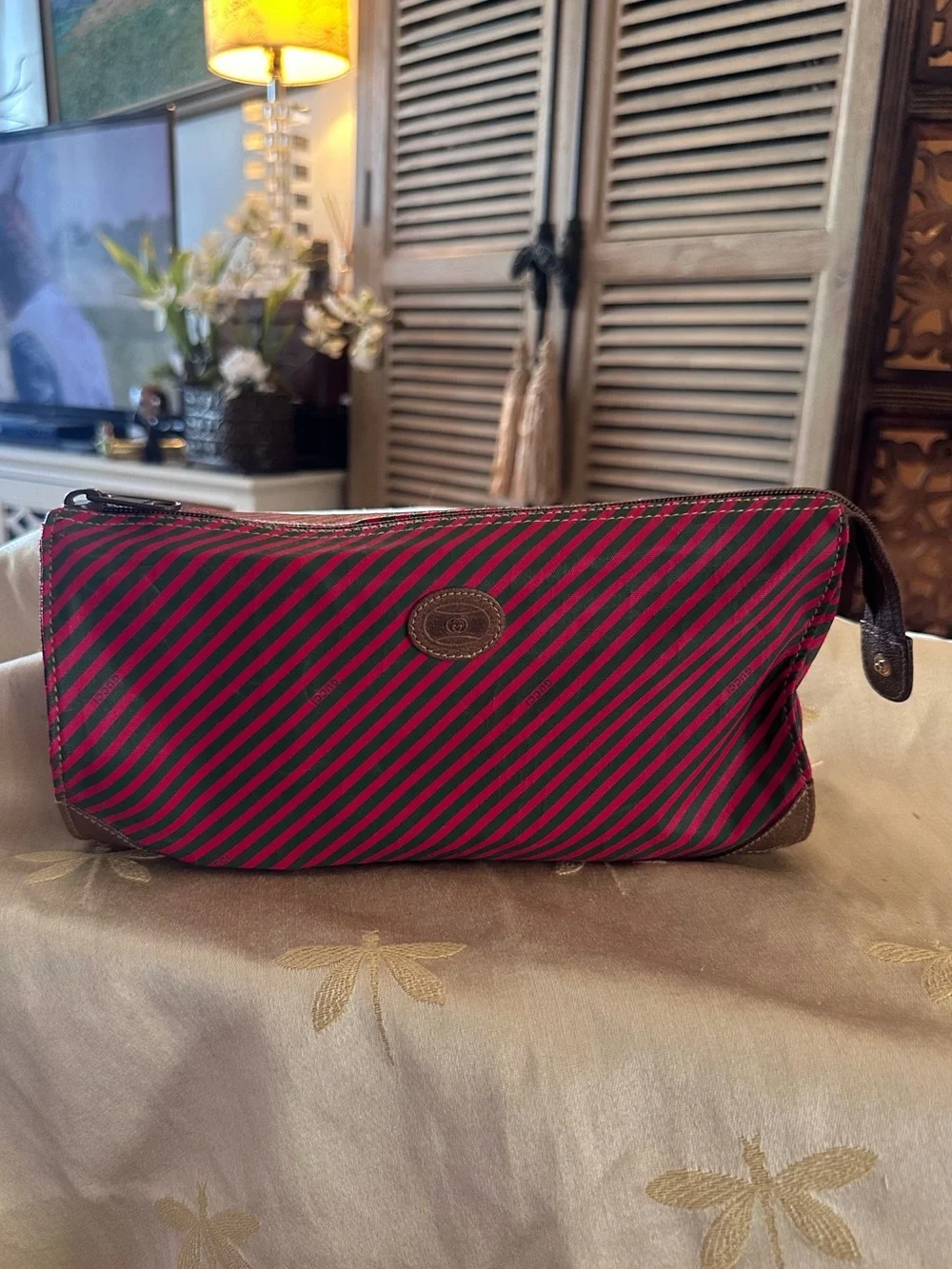 Gucci Vintage Like New Red & Green Stripe Toiletries / Attaché / Travel Bag.